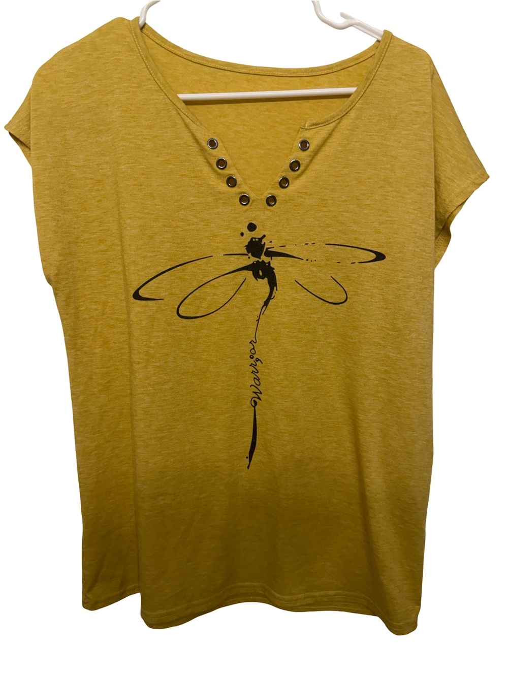Women’s Mustard Short Sleeve V-Neck Top with Dragonfly Detail